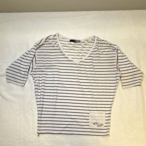 Vintage Volcom White Black Striped V-Neck 3/4 Sleeve Pocket T-Shirt Women's M